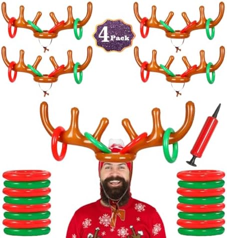 4 Pack Inflatable Reindeer Antler Ring Toss Game (4 Antlers 16 Rings 1 Pump) Reindeer Antler Hat Ring Toss for Xmas Party Great Christmas Games for Families