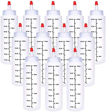 Scale Squirt Bottle 8 oz/240 ml Plastic Squeeze Bottles | 12 Pack, Red Tip Cap, Black Scale, for Ketchup, Sauces, Syrup, Dressings, BBQ, Crafts, and More
