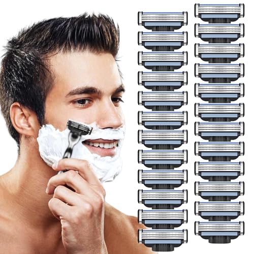 Razor Blade Refills for Men - 24 Count Compatible with Mach3 Razors, Dual Lubrication Blades for a classic smooth shave