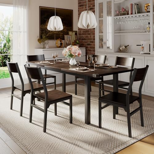 iPormis 7 Pieces Dining Table & Chairs Set for 4-6, 63" Extendable Kitchen Table and 6 Chairs, Dining Room Table with MDF Board & Metal Frame, Perfect for Small Space, Easy Clean, Espresso