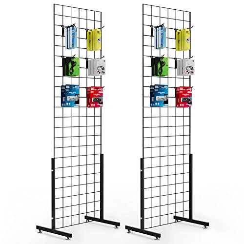 Bonnlo 6' x 2' Wire Grid Panel Tower with T-Base Floorstanding, Thicker 5mm Wire, 180 LBS Weight Capacity Grid Wall Display Rack with Hooks 4", 6" and 8", 2-Pack Black
