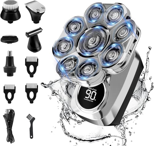 9D Head Shavers for Bald Men: Upgraded 6 in 1 Detachable Bald Head Shavers with LED Display - Wet/Dry Electric Razor for Men - Travel Lock Electric Shaver Grooming Kit with Type-C Charge