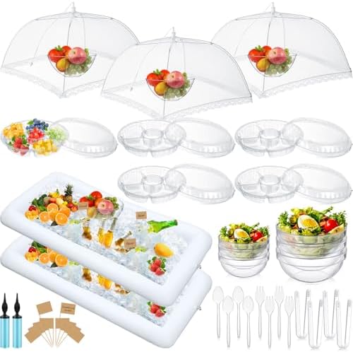 128 Pcs Inflatable Cooler for Parties 2 Inflatable Serving Bars Buffet Cooler for Parties 3 Food Cover 6 Salad Bowl 12 Serving Utensils 5 Plastic Appetizer Tray 100 Labels(White)