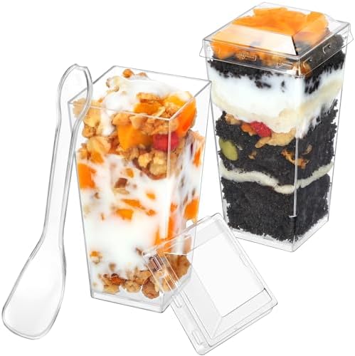 100 Pack 3 OZ Mini Dessert Cups with Lids and Spoons, Square Tall Plastic Parfait Cups Dessert Shooter Cups for Party, Small Plastic Dessert Cups for Pudding, Appetizers