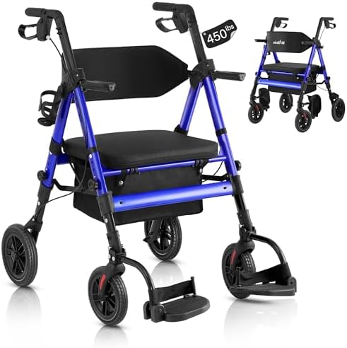 Rollator Walker with Seat, Walker Wheelchair Combo, 2 in 1 Rollator Transport Chair with Brakes, Heavy Duty Rolling Walker, Holds up to 450 pounds, 10" Big Wheels for All Terrain, Blue