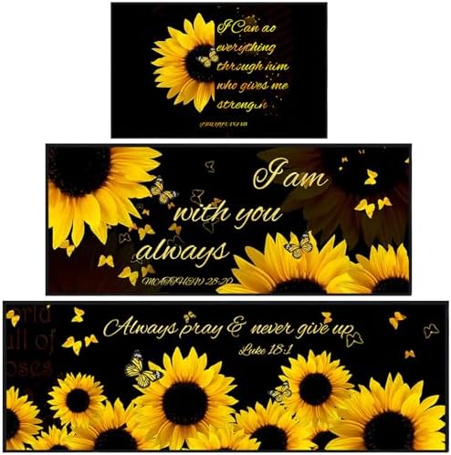 3 Pcs Christian Kitchen Rug Sets Kitchen Decor Rug with Runner Rugs and Mats Non Slip Washable Farmhouse Accessories Decor Indoor Floor Mat (Sunflower)