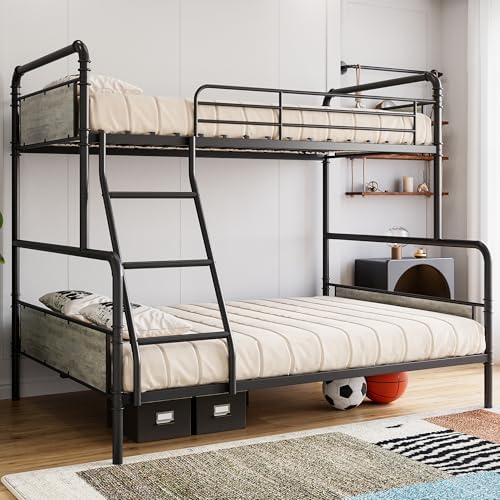 IDEALHOUSE Bunk Bed Twin Over Full Size with High Guardrail and Ladder,Twin Size Convertible Metal Bunk Beds for Kids/Teens/Adults,Easy Assembly, No Box Spring Needed,Vintage Grey