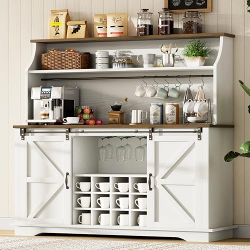 55 Inch Farmhouse Coffee Bar Cabinet with 3-Tier Enclosed Storage Cabinet, Kitchen Hutch with 12 Wine Racks & 3 Glass Holders, Coffee Bar with 6 Hooks, Wood Furniture for Dining Living Room, White