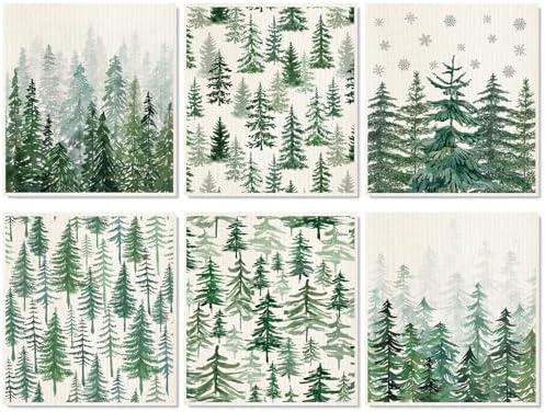 6Pcs Christmas Swedish Dishcloths Watercolor Forest Pine Tree Kitchen Towels Winter Xmas Reusable Cotton Absorbent Dish Towels for Home Party Housewarming Cleaning, 7 x 8 Inch