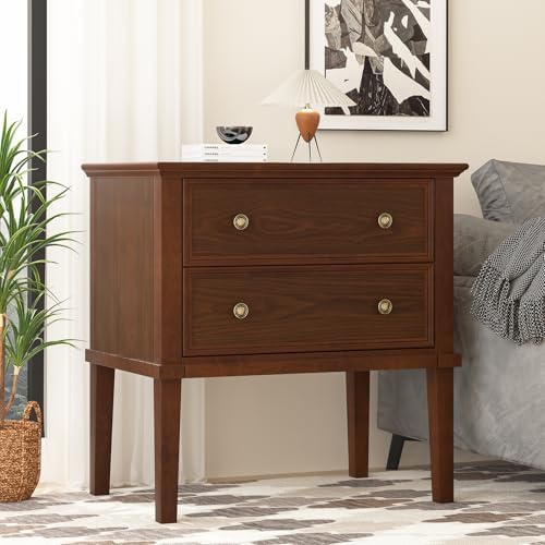 IKENO Solid Wood Nightstand with 2 Drawers, Practical Bed Side Table/Night Stand, End Table with 2 Drawers for Bedroom or Living Room, Deep Walnut