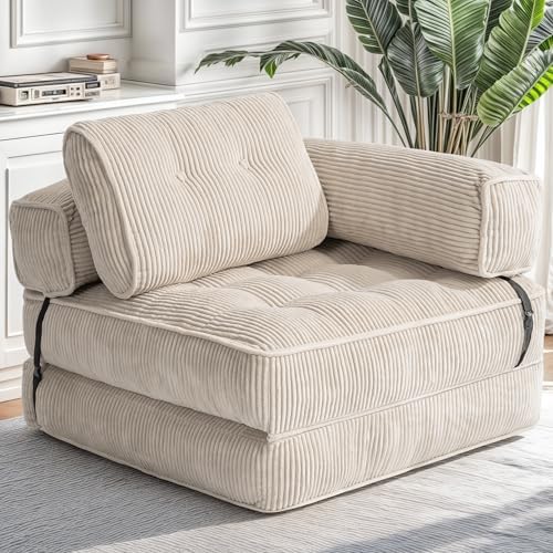 Convertible Folding Sofa Bed, L- Shaped Sleeper Chair Bed with Armrest and Pillow, Fold Out Sleeper Sofa, Comfortable Floor Couch for Small Spaces/Living Room/Bedroom, Single, Beige