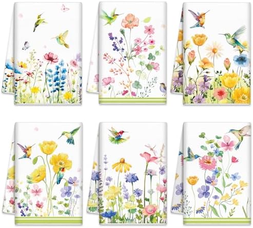 Oudain Sets of 6 Spring Kitchen Towels Decor Floral Wildflower Hummingbirds Branches Dish Hand Tea Towels for Spring Party Holiday Supply Bathroom Housewarming Gift