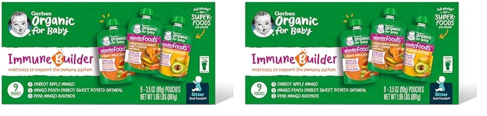 Gerber Organic For Baby 2nd Foods Pouches Immune Builder Variety Pack (3) Carrot Apple Mango (3) Mango Peach Carrot Sweet Potato Oatmeal (3) Pear Mango Avocado 1.96lb (18 Pack)