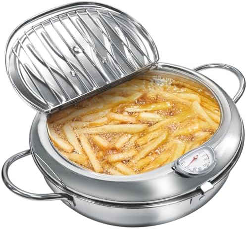 Deep Fryer Pot, 4.4Qt /11 Inch Japanese Style Small Deep Fryer 304 Stainless Steel, with Temperature Control and Oil Drip Drainer Rack, Deep Frying Pot with Lid