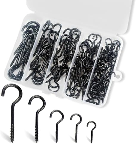 125 Pcs Ceiling Hooks for Hanging Plants - 5 Sizes Metal Screw Hooks Heavy Duty,DIY Hanging Hooks Decors for Christmas String Lights Cup Wind Chime,Bird Feeders Indoor&Outdoor(Black, 125PCS)