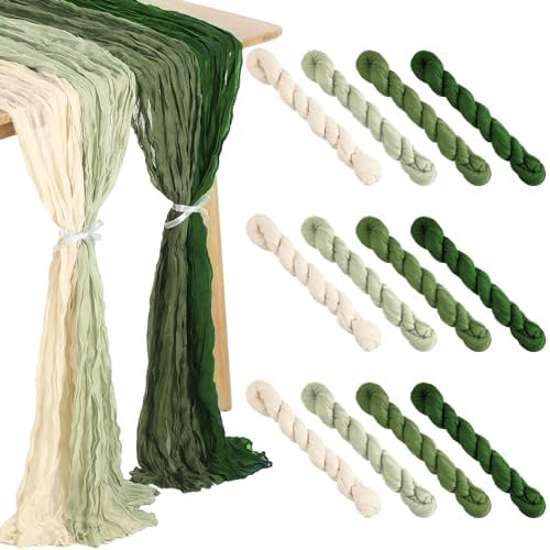 12 Pcs Cheesecloth Gauze Table Runners Boho Wedding Decor Rustic Sheer Runner for Wedding Table Bridal Shower Birthday Party Decorations(Gradient Green,12 Pcs)