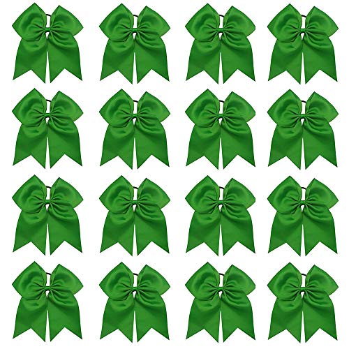 16PCS 8" Large Cheer Hair Bows Ponytail Holder Elastic Band Handmade for Cheerleading Teen Girls College Sports (Green, 16 Count (Pack of 1))