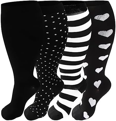 4 Pairs Plus Size Compression Socks for Women & Men, Extra Wide Calf 20-30 mmhg Knee High Compression Stockings for Circulation Swelling Support