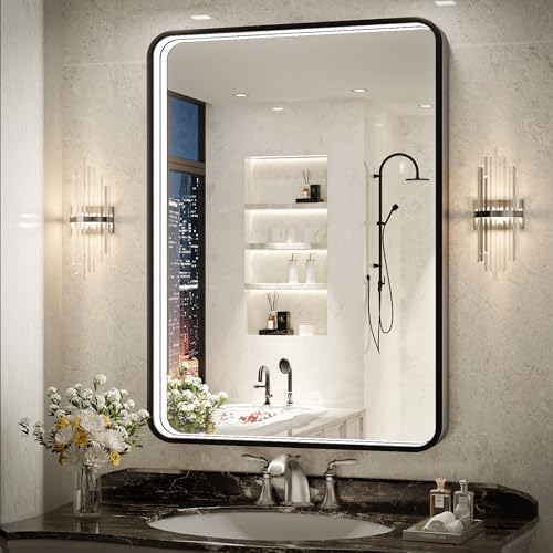36x24 Inch LED Bathroom Mirror with Lights, Black Metal Frame Mirror, Wall Mounted Lighted Vanity Mirrors for Wall, Anti Fog Dimmable Led Mirror for Makeup