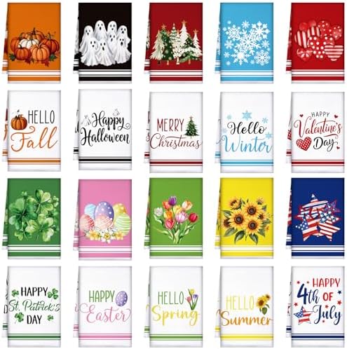 20 Pcs Seasonal Kitchen Towels Holiday Decorative Hand Towels Set Summer 4th of July Fall Halloween Christmas Dish Cloths 16 x 24 Colorful Wash Cloths with Hanging Loop(Fresh)