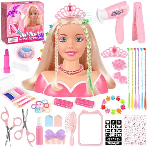 44Pcs Hair Styling Doll Head Toys for Girls, Kids Makeup Hair Salon Pretend Play Styling Kit with Hairdryer, Straightener, Beauty Hair Toy Christmas Birthday Gift for Toddler Girls 3 4 5 6+