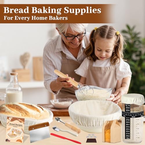Sourdough Starter Kit, 27 Pcs Banneton Sourdough Bread Baking Supplies, Upgrade Bigger 28oz Sourdough Starter Jar, 9" Round & 10" Oval Bread Proofing Basket, Oval and Round Silicone Bread Sling