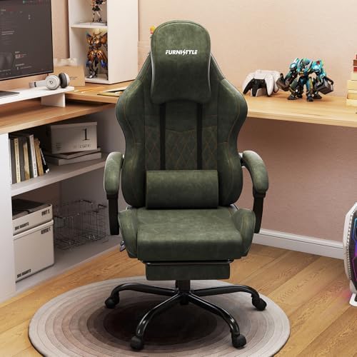 Gaming Chair Big and Tall, Green Leather Video Game Chairs with Footrest, Padded Linkage Armrests & Large Headrest, Ergonomic Computer Chair 350lbs for Adults Gaming or Office Use