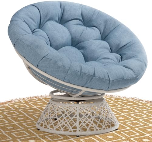 Bme 40" Ergonomic Wicker Papasan Chair with Soft Thick Density Fabric Cushion, High Capacity Steel Frame, 360 Degree Swivel for Living, Bedroom, Reading Room, Lounge, Serene Oasis - White Base