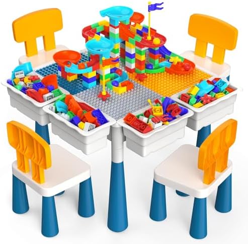 arscniek Toddlers Activity Table 7 in 1 Kids Activity Tables and 4 Chairs with 152Pcs Large Marble Run Building Blocks, Sand/Water Tables, Kids Learning Play Table Toys for Girls Boys Toddler Age 3-7