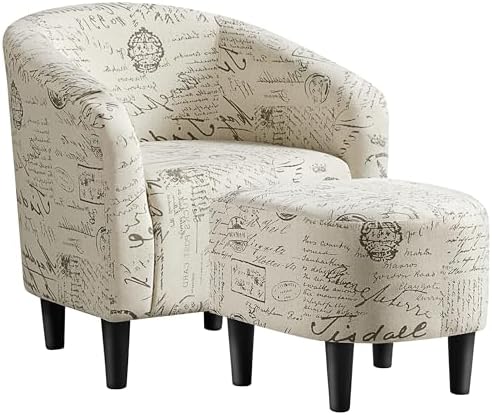 Yaheetech Modren Club Chair with Ottoman, Fabric Accent Armchair with Footstool, Upholstered Barrel Chair and Footrest for Living Room Bedroom Guestroom, Letter Print