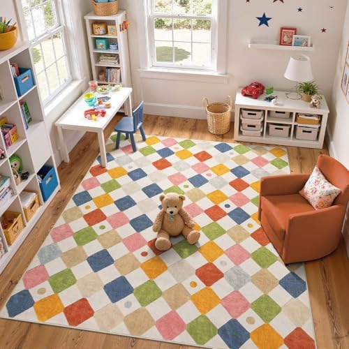 jinchan Area Rug 8x10 Kids Washable Rug Indoor Floor Cover Non Slip Modern Soft Rug Playroom Diamond Carpet for Elementary School Classroom Nursery Daycare Living Room Bedroom Circus on Cream
