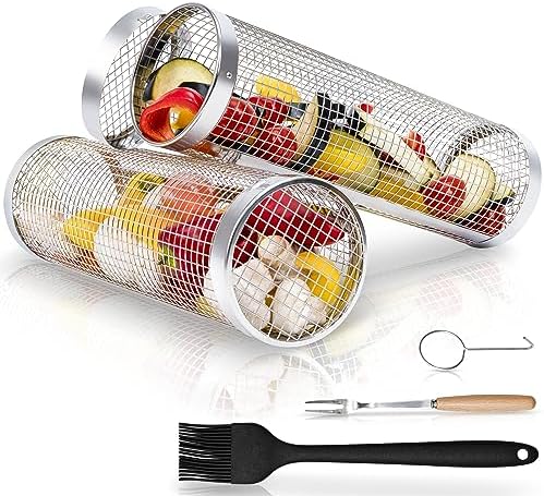 2PCS Rolling Grill Baskets for Outdoor Grill, Big Green Egg Accessories-Set Includes Fork, Hook, and Oil Brush-304g Stainless Steel-Perfect Gifts for Dad, Camping Must Haves, Unique Outdoor Gifts