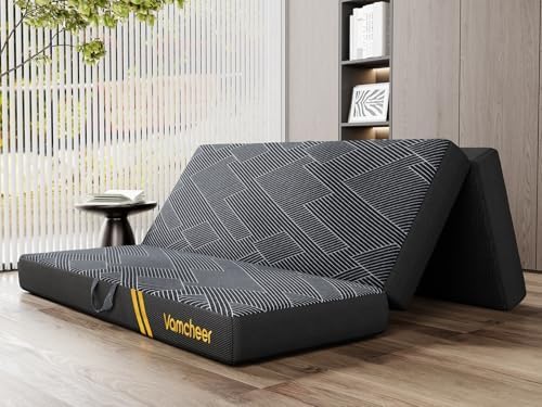 Vamcheer Foldable Mattress Queen Size, 6 inch Folding Mattress, Tri-fold Memory Foam Mat with a Collapsible and Washable Cover, Handle & Non-Slip Bottom for Travel/Guest, 78"x58"x6", Grey
