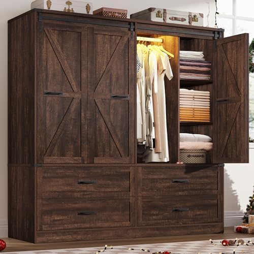 Farmhouse 4 Doors Armoire Wardrobe Closet w/Folding Sliding Barn Door and Lights, LED Armoire Closet w/Drawers for Bedroom, Freestanding Wooden Wardrobe Storage Closets w/Hanging Rod,Rustic Brown