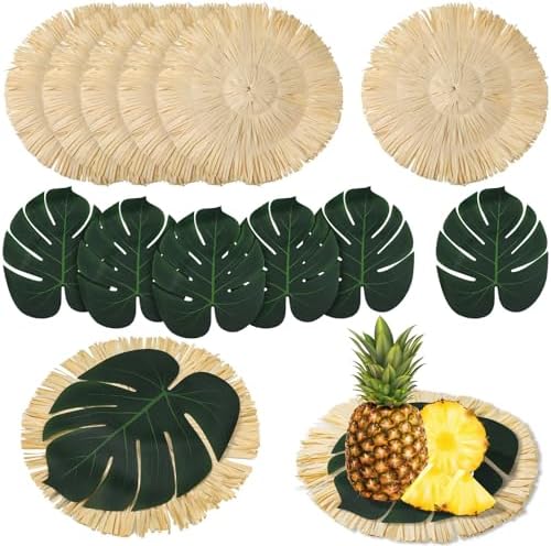 12pcs Luau Placemats and Palm Placemat, Round Luau Fringe Place Mats Tropical Palm Leaf Place Mats Bulk Summer Hawaiian Plate Chargers Table Placemats Tropical Party Supplies