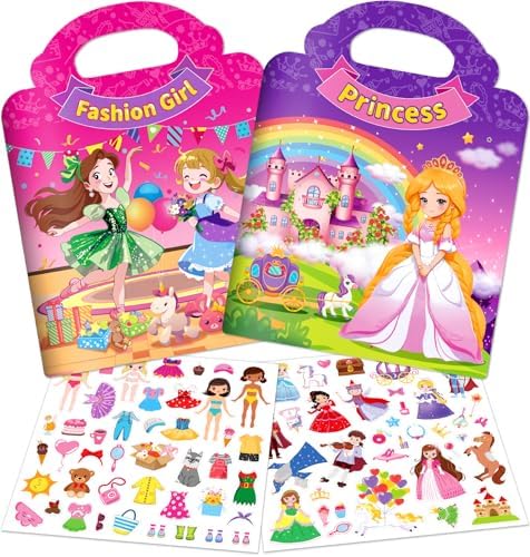 2 Sets Reusable Sticker Books for Toddler, Dress Up Stickers Book for Girls, Arts Crafts Jelly Stickers Travel Toys, Holiday and Birthday Gifts Christmas Stocking Stuffers, Princess and Fashion Girl