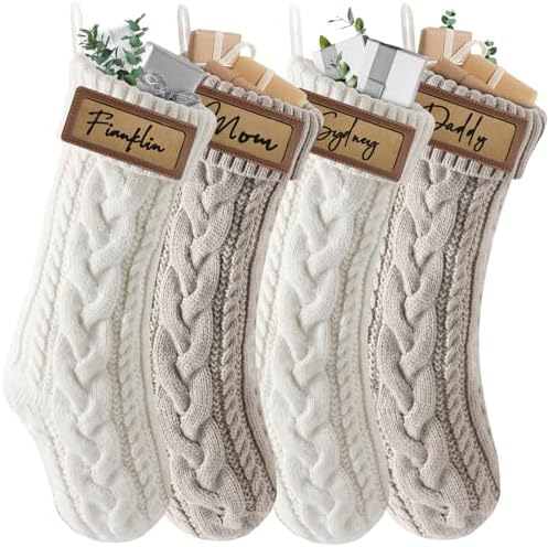 4 Pack Personalized Farmhouse Christmas Stocking with Leather Patches Custom Name Family Christmas Stockings, 18.5” Large Knitted Xmas Stockings for Kids, Holiday and Fireplace Party Decoration