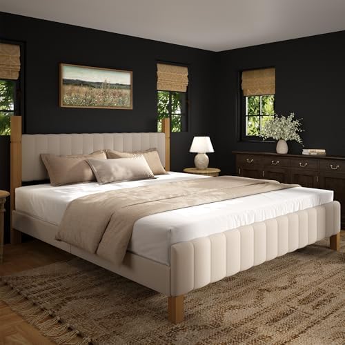 Yechen King Size Bed Frame, Wood Bed Frame with Upholstered Headboard, Solid Wood Posts and Feet, No Box Spring Needed, Beige Linen