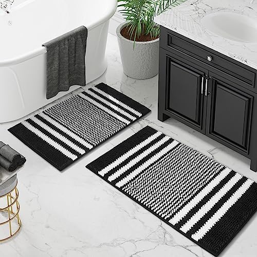 Tindbea Bathroom Rugs Set 2 Piece, Extra Soft and Absorbent Fluffy Striped Chenille Bath Mat Rug Set, Non Slip Bathroom Floor Mat, Machine Washable (20" x 32" Plus 16" x 24", Black)