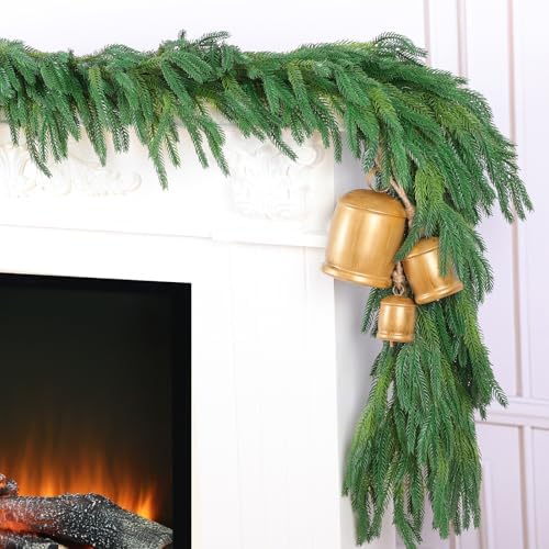 2 Pcs 6 Ft Christmas Norfolk Pine Garlands, Real Touch Faux Pine Garland, Realistic Green Fake Greenery Garland for Christmas Table, Mantle, Wall, Outdoor Holiday Winter Decorations(2, 6 FT)