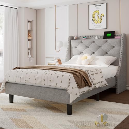 Feonase Twin Bed Frames with Luxury Wingback and Fast Charging Station,Upholstered Button Tufted Storage Headboard Twin Platform Bed,Sturdy Wooden Slats Support,Noise-Free,Easy Assembly,Light Gray