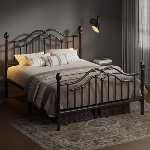Full Metal Bed Frame with Classical Headboard and Footboard, Platform Bed Frame with Sturdy Metal Slats Support, Adequate Under Bed Storage, No Box Spring Needed, Easy Assembly, Black