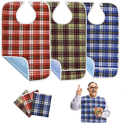 3Pcs Adult Bibs for Elderly, Men, Women, Reusable Adult Bibs for Eating, Washable Waterproof Mealtime Clothing Protectors with Crumb Catcher