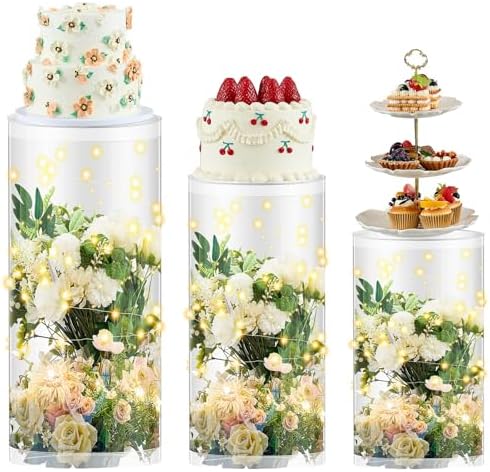 3 Pcs Cylinder Stands for Party, PVC Large Clear Cake Pedestal Stand, Round Reusable Dessert Display Tables for Birthday Wedding Baby Shower Decoration, 35. 4'' H, 29. 5'' H, 23. 6'' H