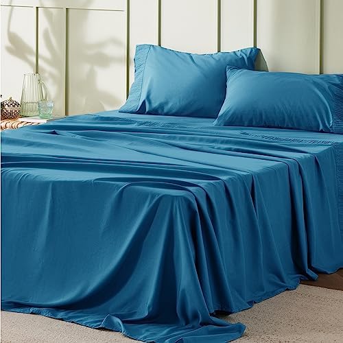 Bedsure California King Sheet Sets - 4 Pieces Soft Cal King Sheets - Breathable & Cooling - Hotel Luxury - Easy Care Polyester Microfiber Bedding for Women, Men, Teal Blue