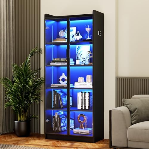Display Cabinet with Adjustable Shelves, 65" Tall Bookcase with LED Lights/Human Sensor, 5 Tier Display Case for Collectibles Bedroom Living Room Office, Black - Transparent Acrylic Doors