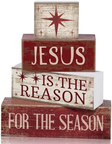 4 Pcs Christmas Table Decoration Jesus Decor Christmas Tiered Tray Decor Christian Centerpiece Decorative Jesus Block Signs Gift Farmhouse for Religious Home Office Tabletop Kitchen Office