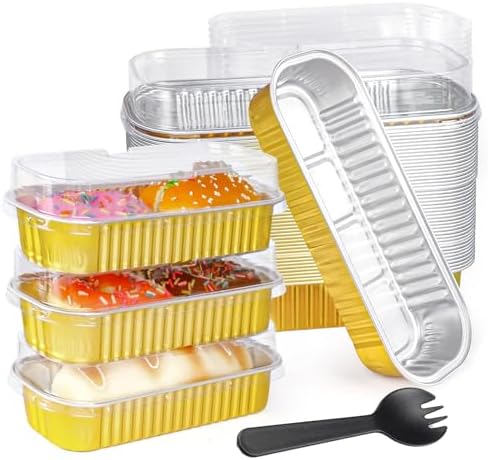 50PCS Rectangle Mini Loaf Pans With Lids,Mini Cake Pans with Lids,Disposable Ramekins Baking Cups Muffin Tins Cupcake Cups For Wedding Birthday Party,6.8oz（Gold）