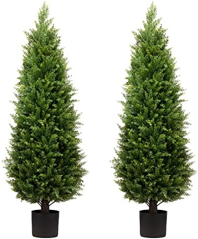 4ft Artificial Cedar Trees Artificial Topiary Trees Set of 2 Faux Cypress Plants UV Resistant Potted Bushes Faux Shrubs for Outdoor Indoor Front Porch Garden