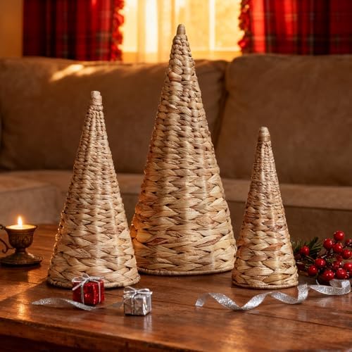 3pcs Woven Water Hyacinth Christmas Trees Decor, Artificial Christmas Tree Decorations for Home Party Table Village Craft Indoor Outdoor Vintage Christmas Decor(Natural)